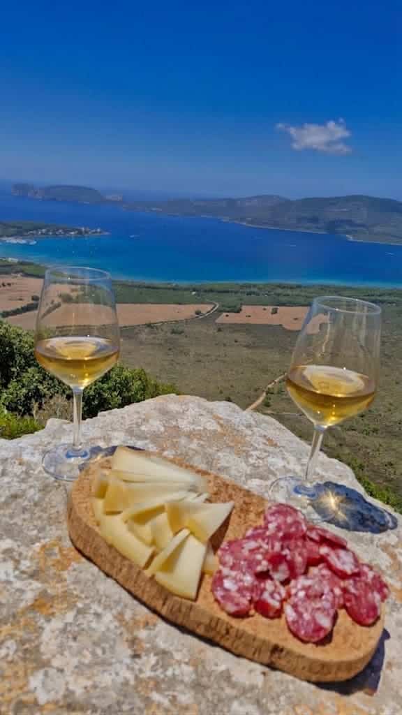 Aperitif with white wine and typical Sardinian products on a panoramic cliff overlooking Porto Conte during a van tour in Alghero.
