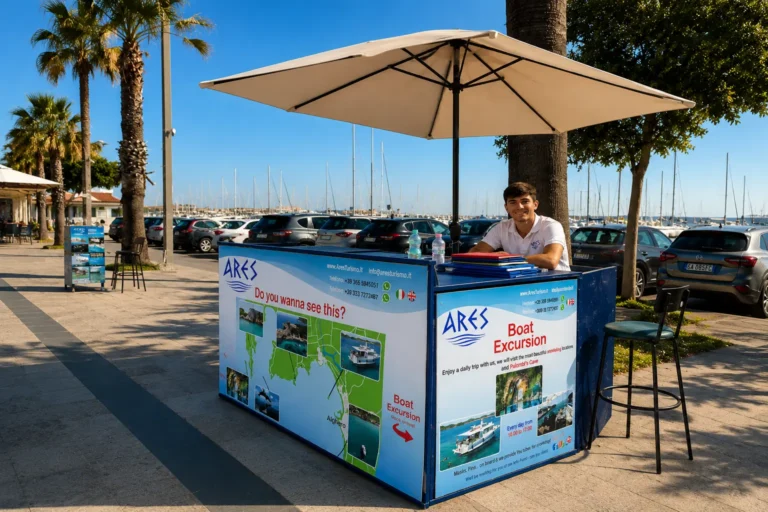 Infopoint Ares Turismo per il noleggio barche senza patente ad Alghero, punto di incontro sul Lungomare Barcellona.